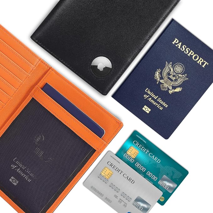 Polare Leather AirTag Passport Holder RFID Blocking Travel Bifold Wallet | Luxury Napa Cowhide Leather, AirTag Slot, Vintage Passport Cover Case, International Travel Wallet, Black/Brown - Image 8