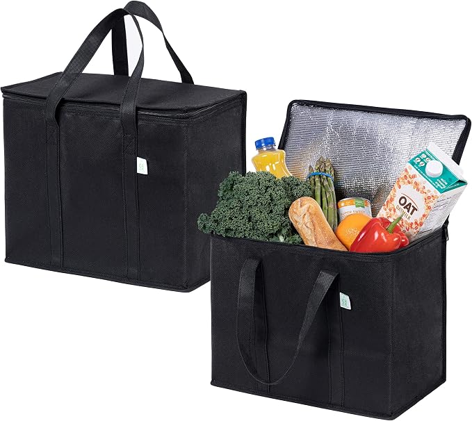 VENO 2 Pack Cooler Bag Insulated Grocery Bags for Food Delivery Heavy Duty | Large Collapsible Cooler, Reusable Shopping Tote w/ Zippers, Foldable, Stands Upright, for Groceries Camping (Black, 2 Pack) by Veno