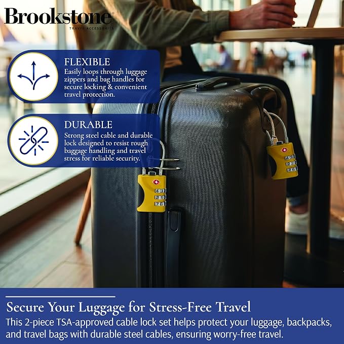 Brookstone Cable Luggage Locks, 2 Pack, TSA Approved, Resettable | 3-Digit Combination Lets You Set Your Own Code, Slim Design Threads Through Zippers or Straps, Great for Bags - Image 3