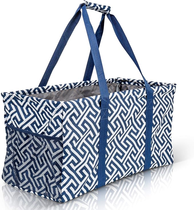 Extra Large Utility Tote Bag - Oversized Collapsible Reusable Wire Frame Rectangular Canvas Basket With Two Exterior Pockets For Beach, Pool, Laundry, Car Trunk, Storage - Geo Navy Blue by Lucazzi