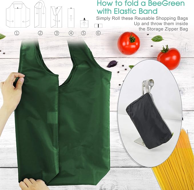 BeeGreen Christmas Green Reusable Grocery Bags Dark Green Reusable Kitchen Bags Bulk Foldable-Machine Washable with Zipper Storage Pouch 50 Packs - Image 4