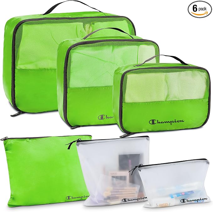 Champion Packing Cubes for Travel - 6 Piece Organizer Set, Carry-On Ready | Breathable mesh, sturdy handles; 3 cubes, 1 laundry bag, 2 zip pouches; zipper closure; fits carry-on and full-size suitcases by Unknown