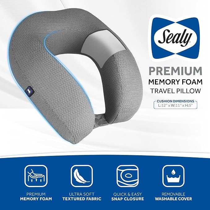 Sealy Ergonomic Memory Foam Travel Neck Pillow - Premium Cervical Neck Pillow for Airplanes, Designed for Comfort, Adaptive Ergonomic Support, Travel Essentials, Grey - Image 5