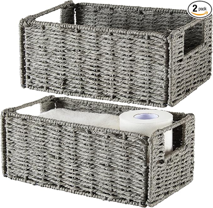 Wicker Storage Basket, Set of 2 Grey Baskets for Toilet Paper | Hand-Woven Wicker Baskets, Small Storage Baskets for Organizing with Handles Foldable Cube Storage Organizer Bins for Shelves by Vagusicc
