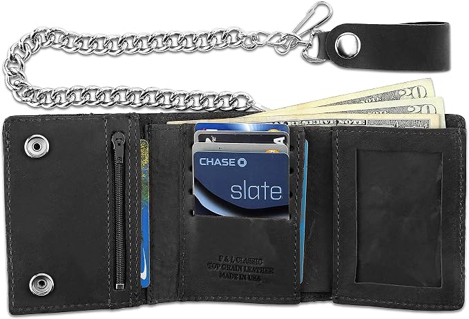 RFID Blocking Men's Tri-fold Vintage Biker Cowhide Leather Steel Chain Wallet,Snap closure, Made In USA,tc315-solid black - Image 4