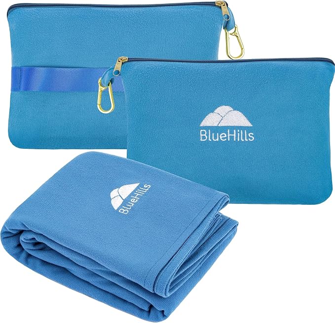 BlueHills Premium Soft Lightweight Travel Blanket Pillow Compact Teal Blue | Luggage Strap & Carabiner Included, Portable Case, Compact Lightweight Pocket Size Traveling Essential, Cruise Throw in Bag by BlueHills