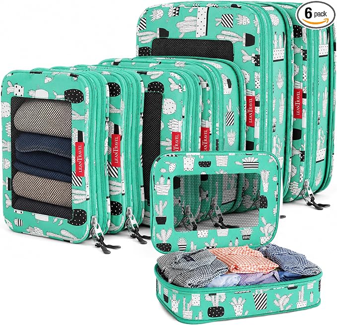 LeanTravel Premium Compression Packing Cubes for Travel - Suitcase Organizer Bags with Double Zipper & Breathable Mesh Panel - Space Saving Carry On Luggage Essentials (6-Pack, Green Cactus) by LeanTravel