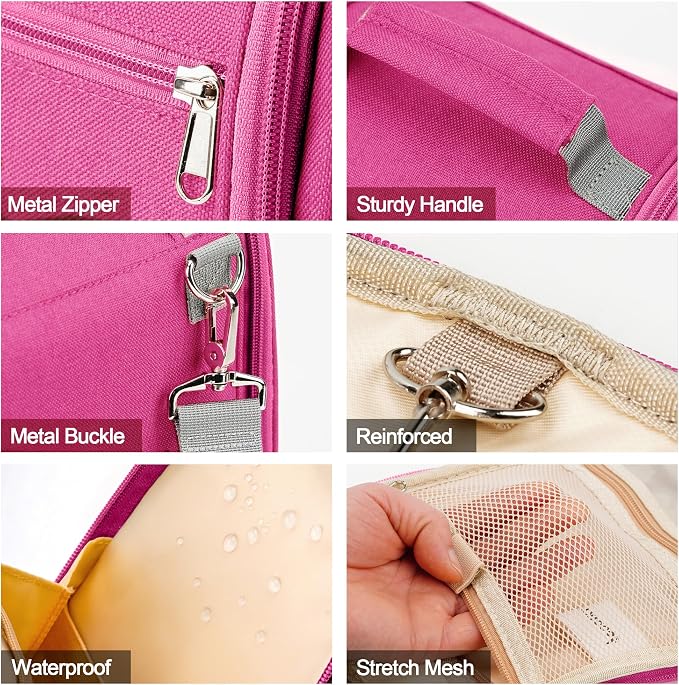 Hanging Travel Toiletry Bag for Women and Men, 6 Organizer Compartments, Large Toiletries essentials, Bathroom Cosmetic Accessories, Water-resistant Makeup Bag, Holds Full-Size Shampoo, Rose Red - Image 8