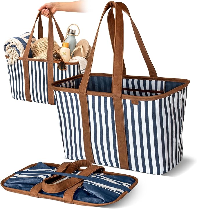 CleverMade Collapsible Tote LUXE, 30L Structured Tote Bag with Handles | Pack It All Without the Floppy-Bag Fight | Steel Rim Stays Open, Soft Grips Carry 30 lb, and Tote Folds to 1.5 Inches by CleverMade