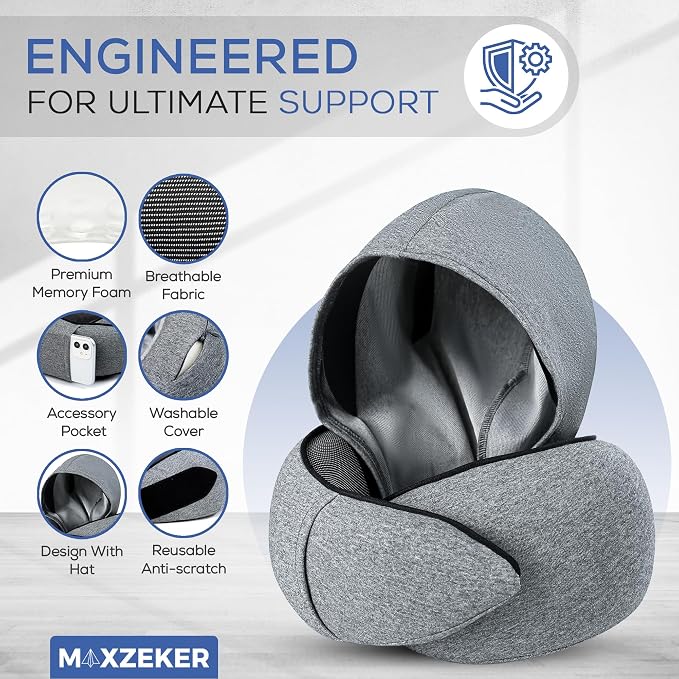 Travel Neck Pillows for Airplanes – Sleep Comfortably on Long Flights, Roadtrips, Home or Office. All-in-One Travel Sleep Kit with Hood, Eyemask and Earplugs - Image 4