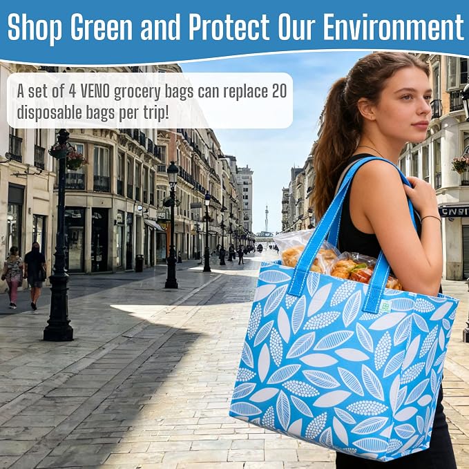 VENO 4 Pack Large Grocery Bag Reusable Shopping Bags with Hard Bottom | Utility Tote with Reinforced Handles, Heavy Duty, Foldable, Stand Upright, for Groceries Shopping Cart(Spring Breeze, 4 Pack) - Image 7