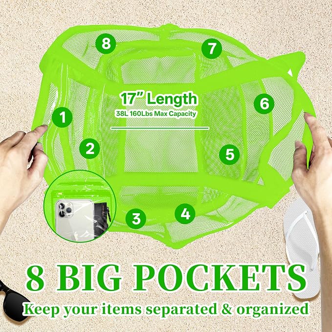 Large Mesh Beach Bag - Lightweight & Foldable Family Beach Bag with 9 Pockets for Toys, Towels & Vacation Essentials - Image 4