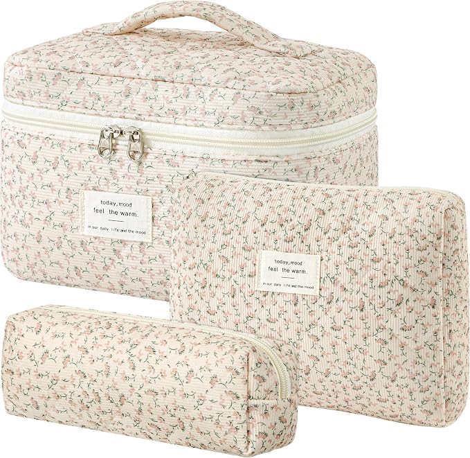HBselect Quilted Makeup Bag, 3Pcs Cotton Large Travel Makeup Bags Organizer | Cute Floral Make up Bag Cosmetic Bag Toiletry Bag for Women Girls, Makeup Pouch for Skincare, Brushes & Travel Essentials by HBselect