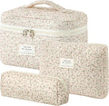 HBselect Quilted Makeup Bag, 3Pcs Cotton Large Travel Makeup Bags Organizer | Cute Floral Make up Bag Cosmetic Bag Toiletry Bag for Women Girls, Makeup Pouch for Skincare, Brushes & Travel Essentials by HBselect