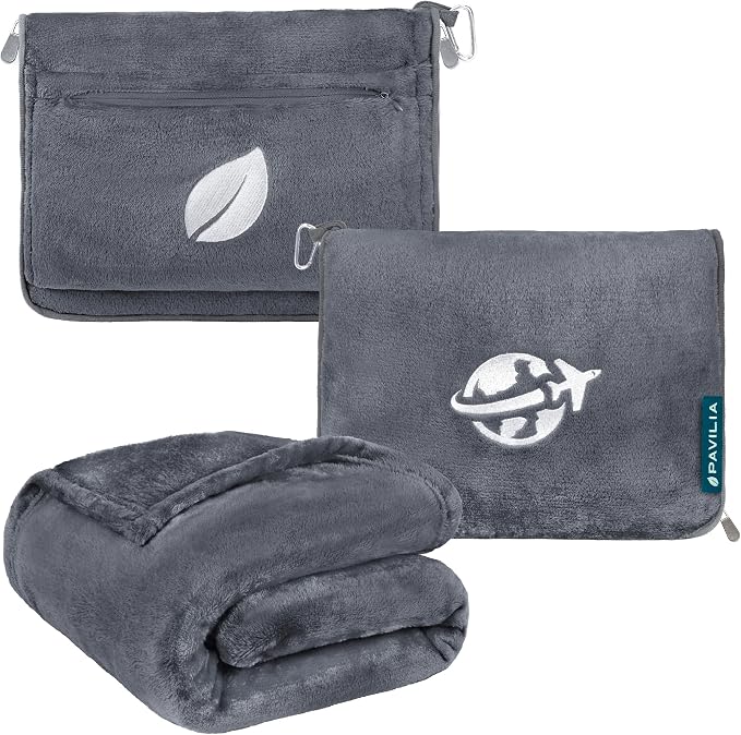 PAVILIA Travel Blanket and Pillow, Arms Opening Airplane Blankets for Adults, Compact Plane Blanket with Arm Hole 2-in-1 Bag for Flight Car Camping Fit in Luggage Backpack Traveler Gift, Dark Gray by PAVILIA