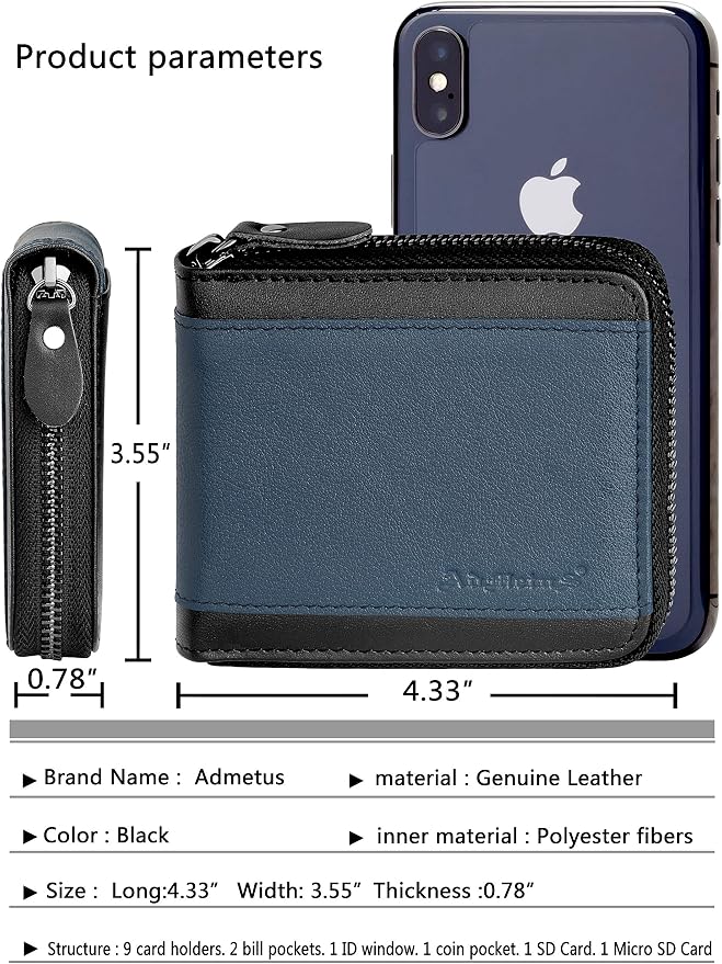 Admetus Mens RFID Blocking Wallets Zipper Leather Wallet for Men Bifold RFID Card Holder - Image 5