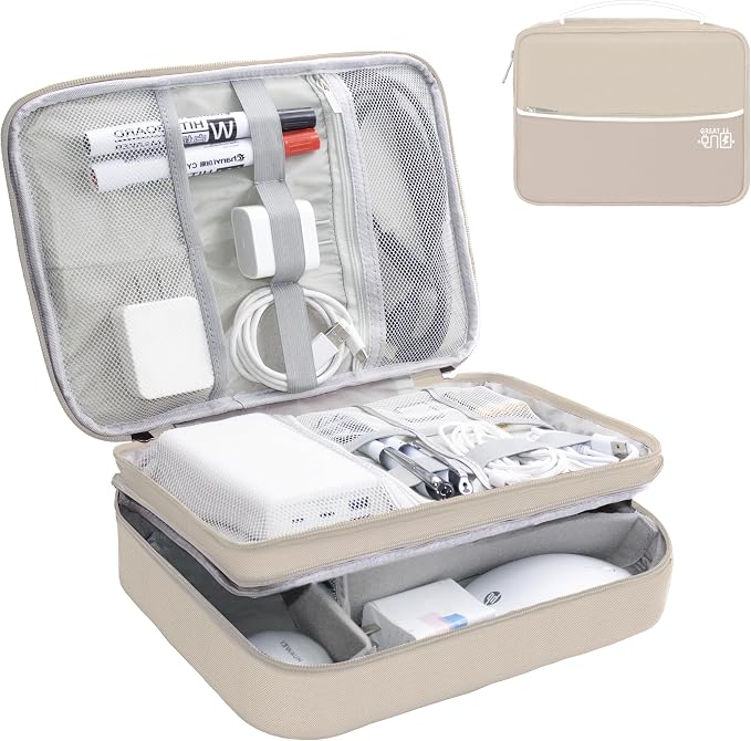 Electronics Organizer,Travel Cord Organizer Pouch,Cable Organizer Bags | Waterproof Electronic Accessories Storage Case for Cables, Cords, Charger, Phone (Three Layer-Beige) by Miavers