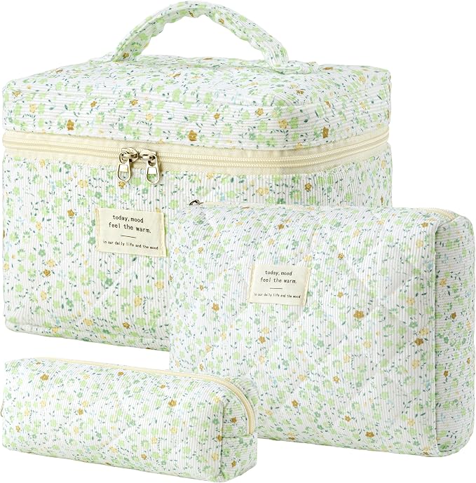 HBselect Quilted Makeup Bag, 3Pcs Cotton Large Travel Makeup Bags Organizer | Cute Floral Make up Bag Cosmetic Bag Toiletry Bag for Women Girls, Makeup Pouch for Skincare, Brushes & Travel Essentials by HBselect