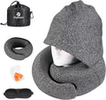 Travel Pillow - Hooded Neck Pillow Airplane Memory Foam Filling | for Plane, Office, Cars Sleeping, Road Trip, Long Flights Essentials, Includes Eye Mask & Earplugs (Dark Gray) by Vzpeun