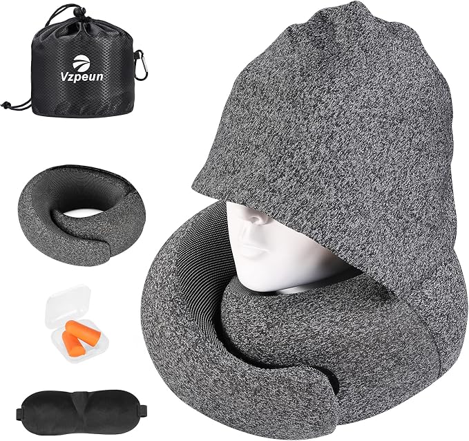 Travel Pillow - Hooded Neck Pillow Airplane Memory Foam Filling | for Plane, Office, Cars Sleeping, Road Trip, Long Flights Essentials, Includes Eye Mask & Earplugs (Dark Gray) by Vzpeun