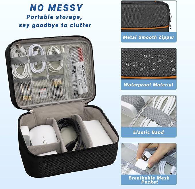 Electronics Organizer,Travel Cord Organizer Pouch,Cable Organizer Bags | Waterproof Electronic Accessories Storage Case for Cables, Cords, Charger, Phone (Double Layer-Black) - Image 3