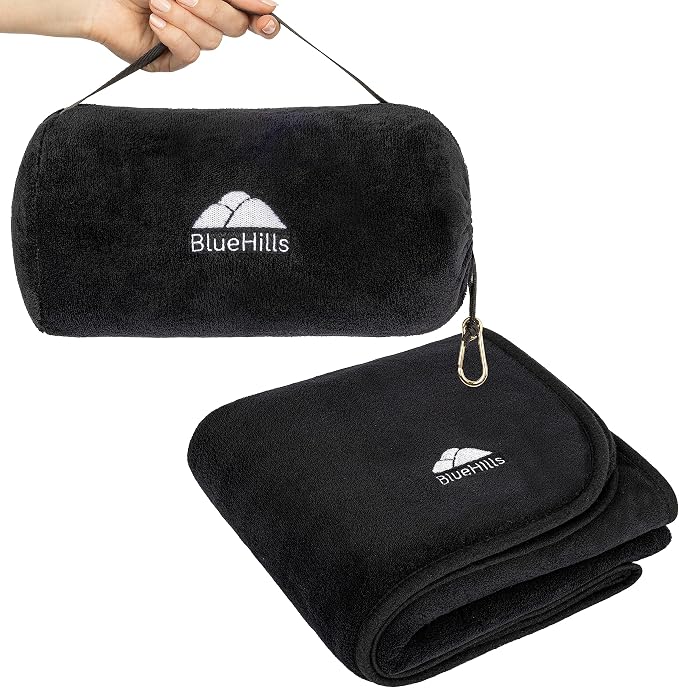 BlueHills Premium Soft Rolled Travel Blanket Pillow Airplane 2 in 1 - Black | 2 in 1 Convertible Pillow Blanket, Matching Plush Soft Case, 70 X 48 Tall Blanket, Lightweight, Luggage Strap, Carabiner Clip by BlueHills