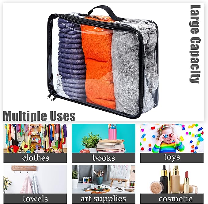 6 Pieces Large Clear Travel Packing Cube Clear Vinyl Zippered Storage Bags See Through Moving Bag PVC Multipurpose Pouch with Handle for Suitcase Shirts Dress Storage (Black, 11.8 x 10.2 x 3.9 Inch) - Image 7