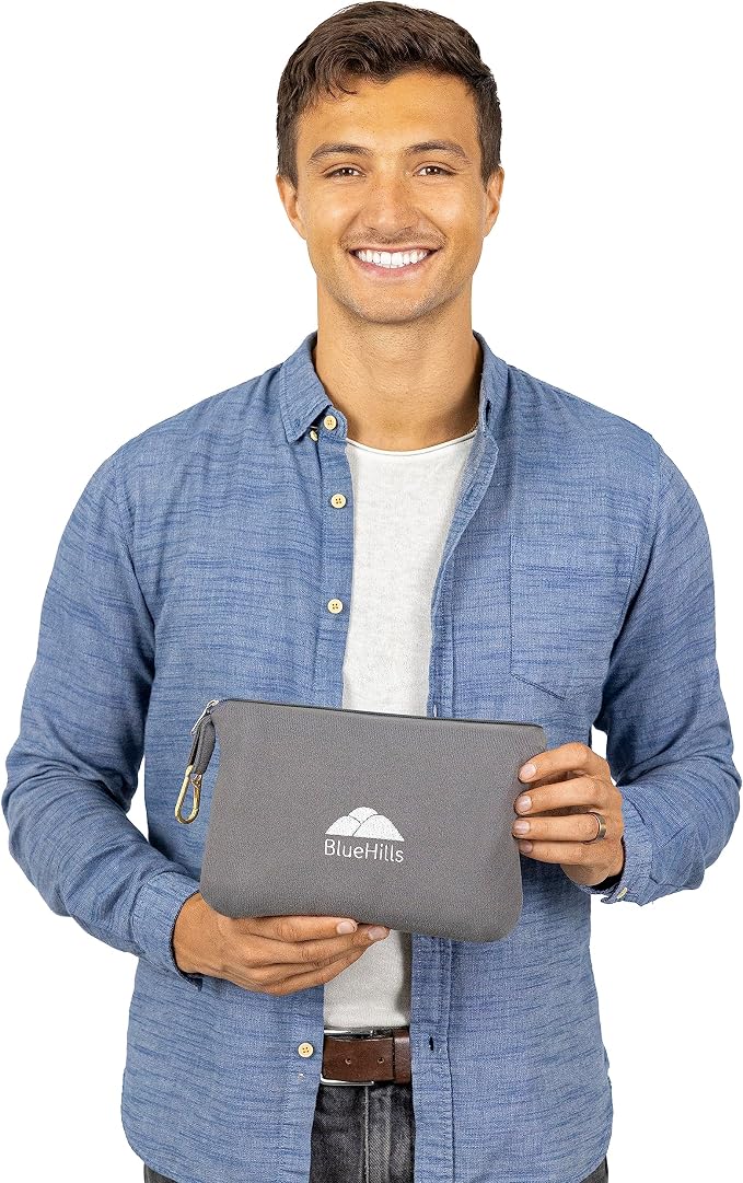 BlueHills Lightweight Travel Blanket Pillows Compact for Two Airplane Traveling Essentials Flight Throws in Bag case with Backpack Clip Compact Large Plane Accessories – Gray and Beige - Image 4
