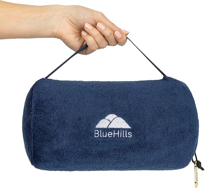 BlueHills Rolled Travel Blanket Pillows for Two Value Pack Set of 2 – Airplane Travel Essentials Soft Flight Trips Throws in Portable Cases for Car Plane Travel Gifts – Navy Blue and Pink - Image 2