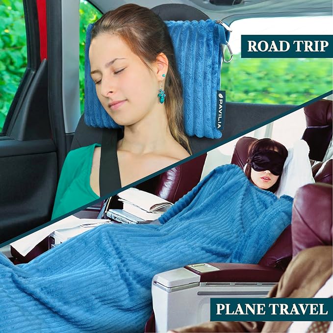 PAVILIA Travel Blanket and Pillow, Soft Ribbed Fleece Airplane, Teal Blue | 65x40, Compact Packable Plane Throw with Bag, Luggage Strap and Back Pocket, Cozy Flight Essentials Travelers Camping Gift - Image 6