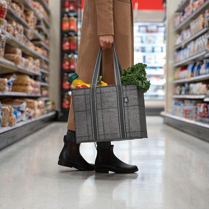 VENO 3 Pack Heavy Duty Reusable Grocery Shopping Bags Utility Tote | Water Resistant, Storage Box with Sturdy Handles & Hard Bottom, Foldable for Groceries Shopping Cart(Windowpane, 6 Gallon) - Image 8