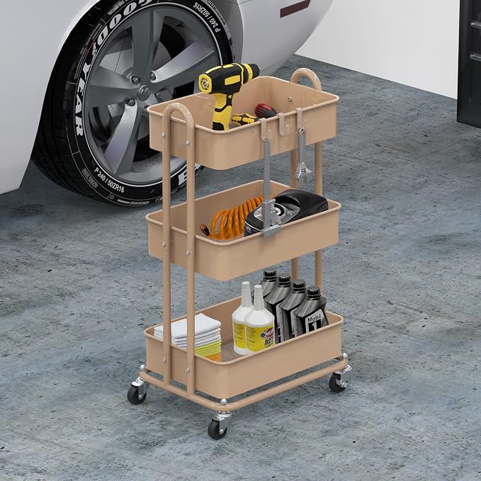 Simple Houseware 3-Tier Heavy Duty Metal Utility Rolling Cart, Khaki - Image 6