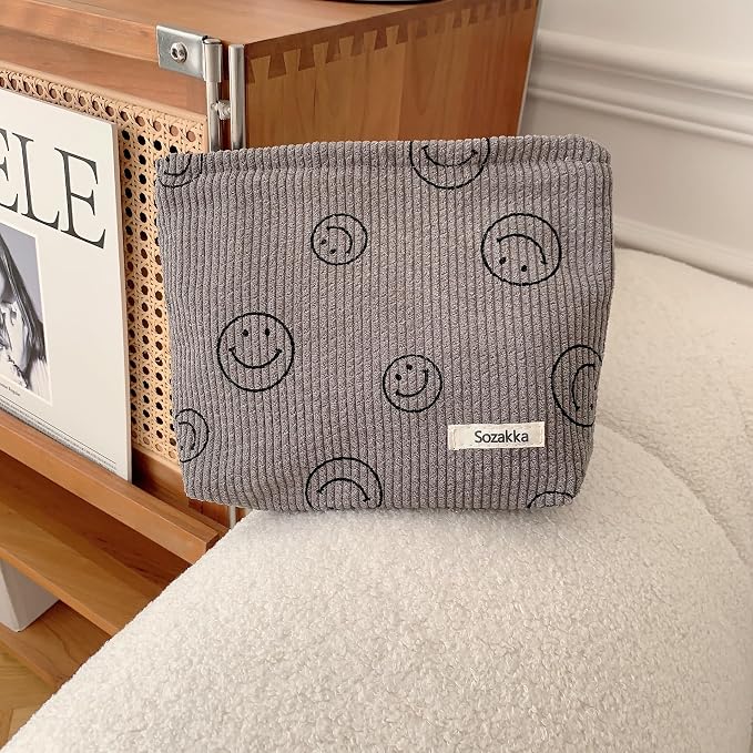 Cosmetic Bags for Women - Corduroy Cosmetic Bag Aesthetic Women Handbags Purses Smile Dots Makeup Organizer Storage Makeup Bag Girls Case Bags (A-Gray) - Image 7