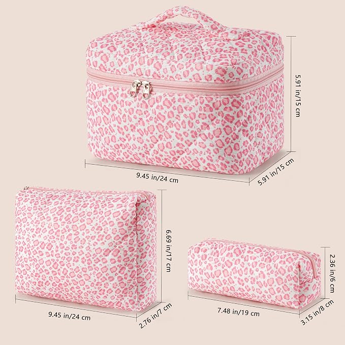 HBselect Quilted Makeup Bag, 3Pcs Cotton Large Travel Makeup Bags Organizer | Cute Floral Make up Bag Cosmetic Bag Toiletry Bag for Women Girls, Makeup Pouch for Skincare, Brushes & Travel Essentials - Image 5