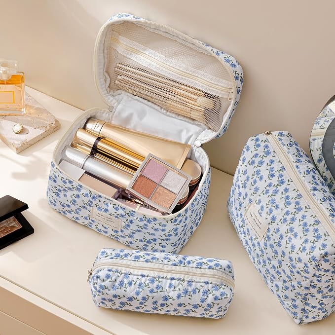 HBselect Quilted Makeup Bag, 3Pcs Cotton Large Travel Makeup Bags Organizer | Cute Floral Make up Bag Cosmetic Bag Toiletry Bag for Women Girls, Makeup Pouch for Skincare, Brushes & Travel Essentials - Image 3