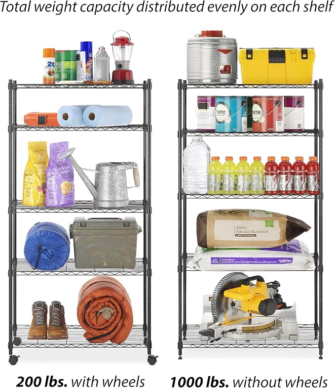 Whitmor 5 Tier Supreme Shelving Unit, Metal Storage Shelves, Adjustable Heavy Duty Shelf with Wheels, 400 lbs Capacity per Shelf, 2000 lbs Total for Pantry, Garage, Kitchen, Black - Image 6
