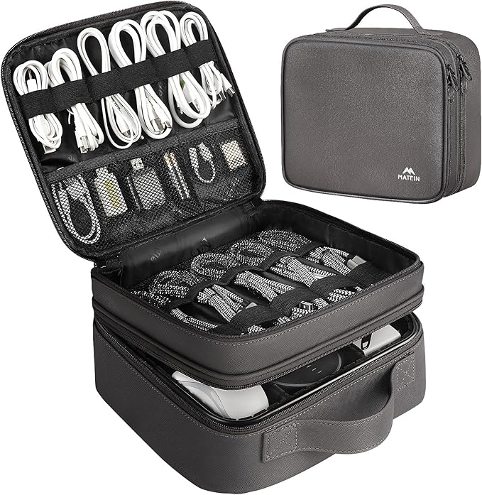MATEIN Cord Organizer Bag with Adjustable Divider, DJ Electronic Storage | Cable File Bag, Charger Organizer Box, Double Layer, Shockproof, Tech Accessories, Cord Bag Organizer, Double Layer, Grey by MATEIN