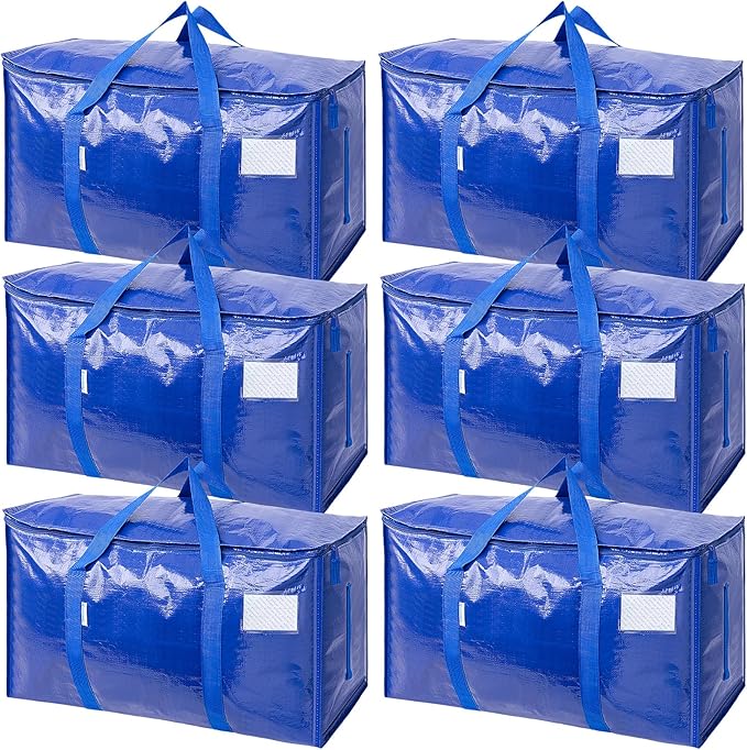 TICONN 6 Pack Extra Large Moving Bags Heavy Duty with Zippers & Carrying Handles, Durable Storage Bags Moving Boxes for Closet Organizers and Storage (6 Pack, Blue) by TICONN