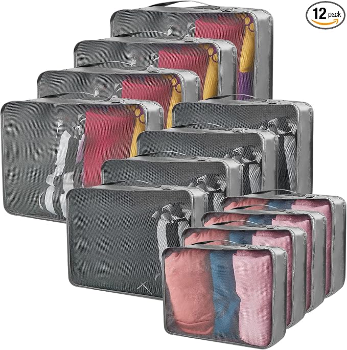 Silkfly 12 Pcs Packing Cubes for Suitcase Travel Luggage Bags Bulk Mesh Organizer Set for Hiking Camping Backpacking Clothes Accessories (Gray,XL, L, M Size) by Silkfly
