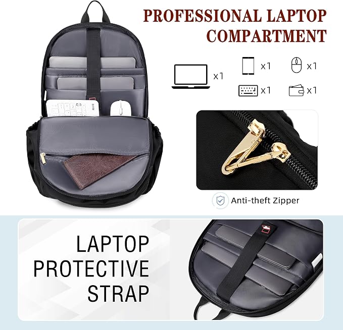 Travel Laptop Backpack for Women 15.6 Inch Computer Backpacks with USB Charging Hole Anti Theft Carry on Bag College Bookbag Large Black Back Pack for Work Business Traveling Commuter Daypack-Black - Image 3