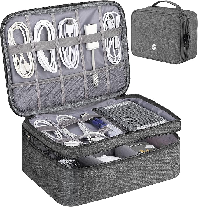 Travel Organizer, Waterproof Cable Bag for Electronic Accessories Double Layer Large Shockproof Storage Bag for Cord, Hard Disk, Power Bank, Tablet -Gray by ORIENTFAMULAY