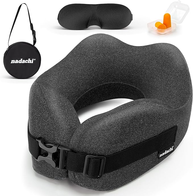 Neck Pillow Airplane Travel Set - Pure Memory Foam Travel Neck Pillow, Plane Pillow for Long Flights Essentials, Sleeping with 3D Contoured Eye Mask, Earplugs, Portable Bag (DeepGray) by MemoryFoamTravelPillow