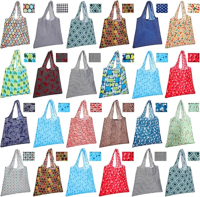 Eccliy 24 Pieces Reusable Grocery Bags Polyester Shopping Bags for Groceries Multi Colors Reusable Foldable Shopping Tote (Geometric Rules) by Eccliy