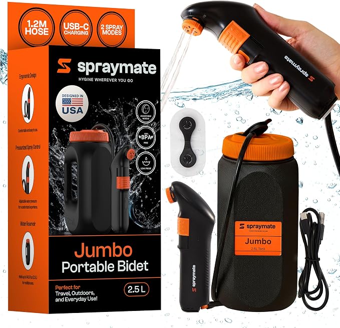 Portable Bidet for Travel & Camping – Electric High Pressure Rechargeable Bidet for Women & Men | 2.5L Bottle | 1300ML/Min Flow | USB-C | 1600mAh Battery | USA Brand – Spray Mate Jumbo (Black) by SprayMate