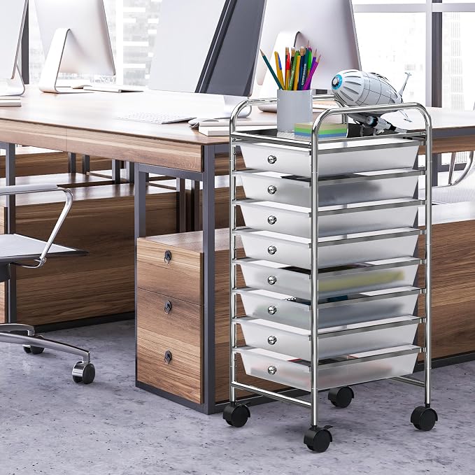 Simple Houseware 8 Drawers Rolling Utility Cart Art Craft Storage, Chrome | 1-Column, 30.25" Height, Lockable Wheels, for School, Office, Art Craft, and Paper Storage - Image 2