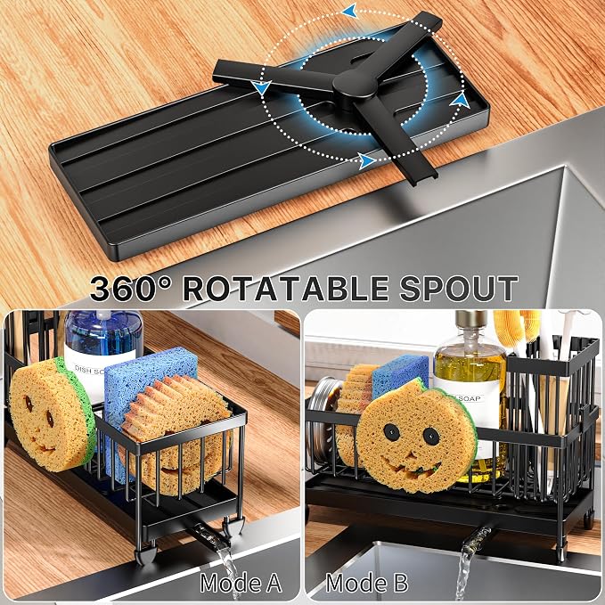 Cisily Sponge Holder for Kitchen Sink, Sink Caddy Organizer with High Brush Holder, Kitchen Countertop Organizers and Storage Essentials, Rustproof 304 Stainless Steel (Black with Smiley Face, 9.25″) - Image 2