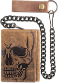 F&L CLASSIC RFID Blocking Men's Tri-fold Vintage Biker Cowhide Leather Steel Chain Wallet,Snap closure, brown,skull,315-70 by FLCLASSIC