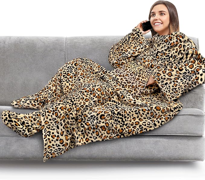 PAVILIA Fleece Blanket with Sleeves, Foot Pockets for Women Men Adults, Plush Wearable Blanket Throw Wrap, Warm Snuggle Blanket Robe, Cozy Gift Ideas Wife Mom, Cheetah Print by PAVILIA