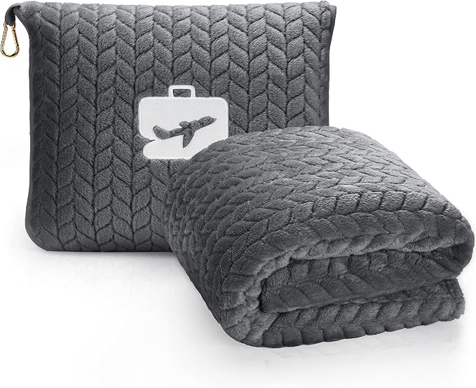 EverSnug Travel Blanket & Pillow 68x42 - Premium Ultra-Soft Microfleece 2 in 1 Compact & Packable Flight Blanket with Soft Bag Pillowcase, Hand Luggage Sleeve and Backpack Clip (Grey) by EverSnug