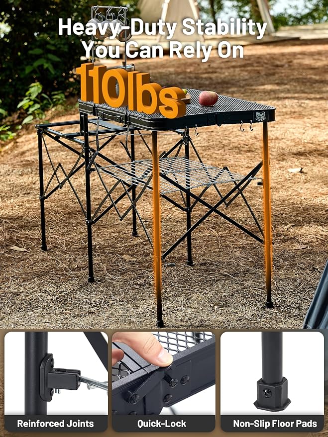 TIMBER RIDGE 56" Portable Camp Kitchen Station Folding Outdoor Grill Table | 110lbs Capacity Heat-Resistant Steel Mesh Top & Storage Shelves, Heavy Duty Picnic RV Tailgating BBQ Easy Setup - Image 4